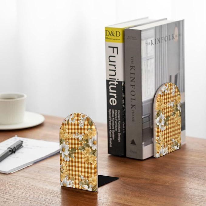 Yellow Checkered Daisy Wood Book Ends for Shelves, Non-Skid Bookends for Office, Library, and Home Decor, 1 Pair