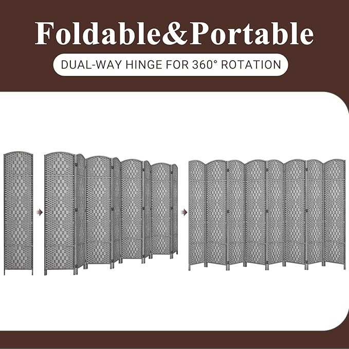 HALLYBEE Room Divider, Room Dividers and Folding Privacy Screens, 16in Privacy Screen, 8 Panel Temporary Wall Partitions, 6ft Space Separation Panel Screen, Grey