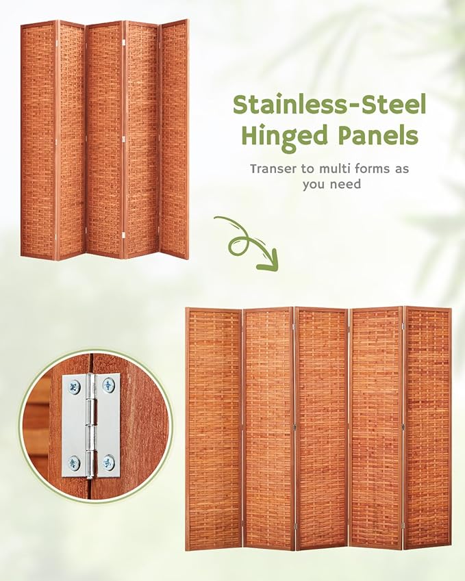 JOSTYLE 6ft Folding Privacy Screens 5-Panel Freestanding Room Dividers, Reddish Brown, 70.9" H x 99" W