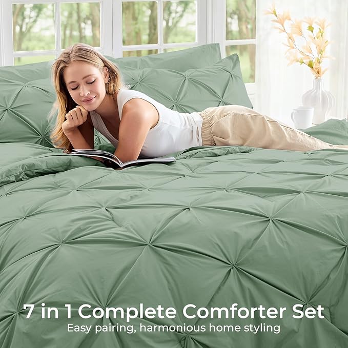 Sasttie Queen Comforter Set, 7-Piece Bed in a Bag, Pintuck Bedding Sets for All Season, Includes Comforter, Flat Sheet, Fitted Sheet, Pillowcases and Pillowshams, Sage Green