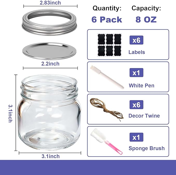 Mason Jars Regular Mouth 8 oz with Lids, Glass Jars with Airtight Lids and Band, Safe for Canning, Food Storage, Pickling, Overnight Oats Container, Half Pint Size (Pack of 6)