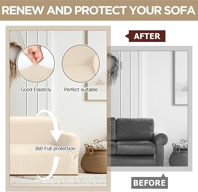 Peryiter 2 Pcs Sofa Covers Couch and Loveseat Covers Set Stretch Sofa Slipcover for Living Room Armchair Furniture Protector, Wrinkle Proof(Beige,Jacquard)