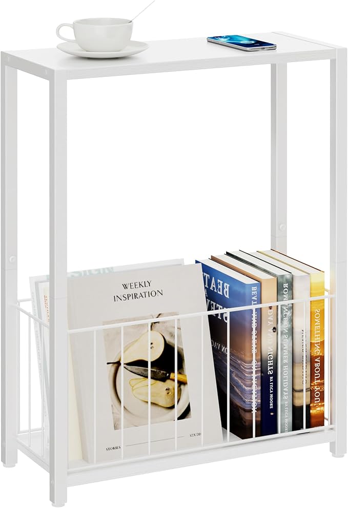Homleke Narrow Side Tables Set of 2 with Magazine Holder, Skinny End Tables Perfect for Small Spaces, Space-Saving Design for Living Room, Bedroom, or Office, 7.1" D x 16.9" W x 23.6" H, White