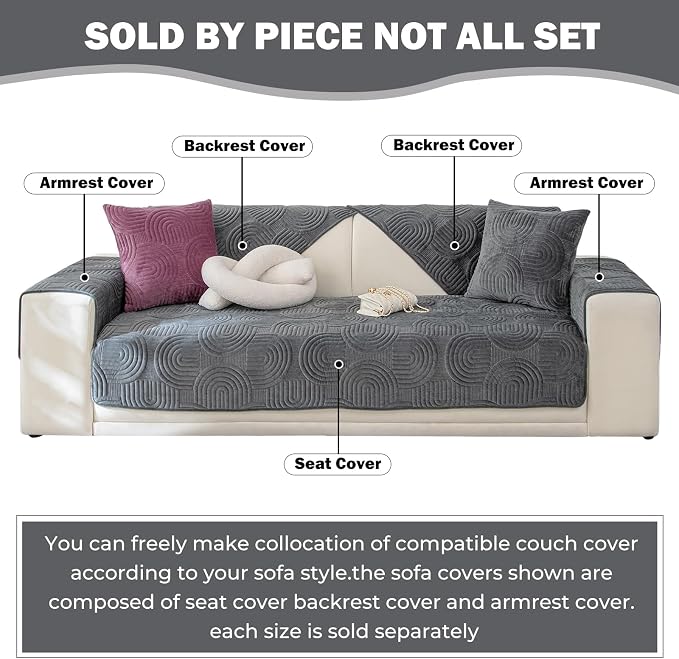 Soft Plush Geometric Quilted Couch Sofa Cover Boho Non Slip Fuzzy Sectional Couch Cover Solid Color Washable Sofa Slipcover Furniture Protector for Kids Dogs Cats (Dark Grey,36"x36")