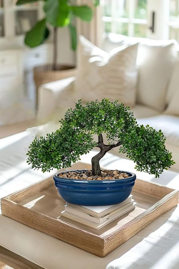 Artificial Bonsai Tree Faux Plants Indoor Fake Plants Decor with Blue Ceramic Pots for Home Table Office Desk Bathroom Shelf Bedroom Living Room Farmhouse Decor