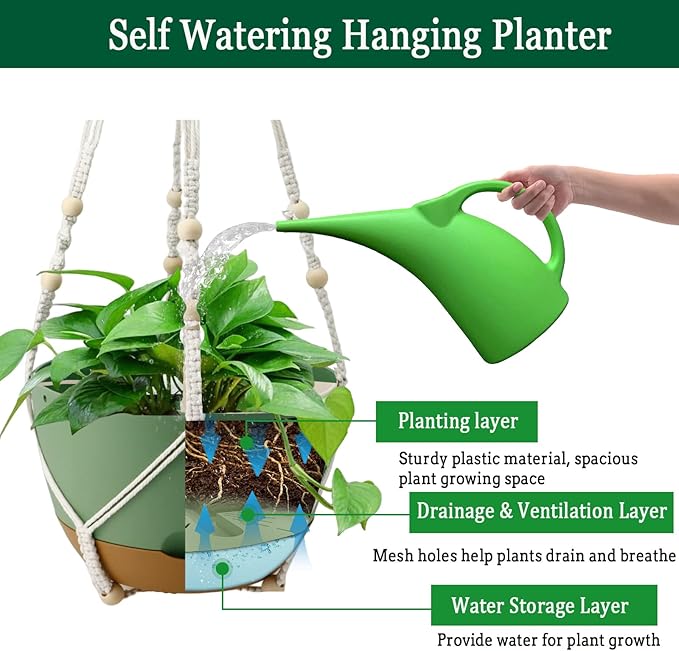 Koalaime Hanging Planter Self Watering 10 Inch, 2 Pack Indoor Outdoor Hanging Baskets, Hanging Flower Pots with Drainage Hole & 2 Kinds of Plant Hangers for Garden Home Decor(Green)…