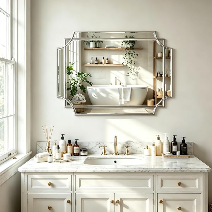 Geometric Beveled Mirror, 30" x 20" Silver Art Deco Mirror with Wood Frame, Rectangle Accent Wall Mirror for Bathroom, Entryway, Living Room, Bedroom, Horizontal or Vertical Hanging