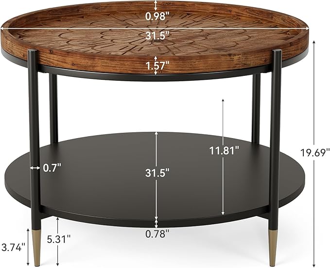 Solid Wood Round Coffee Table, 31.5-Inch Boho Center Tea Table with Metal Storage Frame & Carved Floral Pattern, Living Room Coffee Table Furniture for Small Spaces, Apartment, Rustic Brown