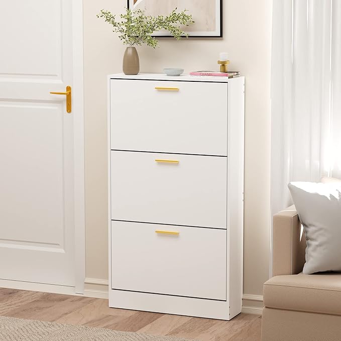 JOZZBY Shoe Cabinet Storage with 3 Flip Drawers for Entryway, White Slim Freestanding Modern Narrow Shoe Organizer Rack Cabinet for Hallway, Living Room