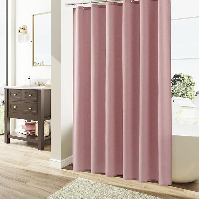 Naturoom Pink Linen Shower Curtain, Country Boho Farmhouse Bath Decor Shower Curtains Neutral Cloth Weighted Textured Fabric Bath Curtain Liner with Hooks, 72x96
