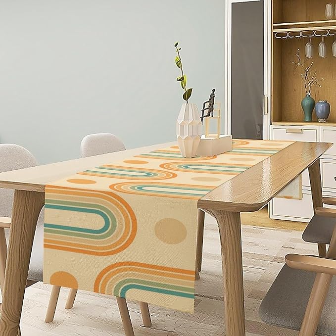 Mid Century Modern Table Runner, Colorful Rainbow Neutral Groovy Curved Sun Table Runner for Kitchen Dining Home Party Birthday Party Decor, 13x60 Inch