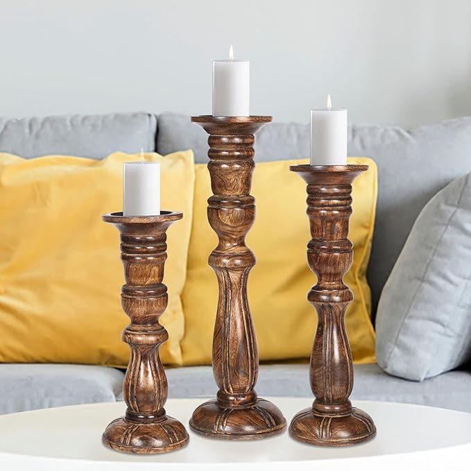 Wooden Candle Holder Set of 3, Tall Natural Burnt Pillar Candle Holders, Rustic Farmhouse Decor, Brown Wooden Candle Stands for Home Decoration - 16, 14, 12 Inch Height