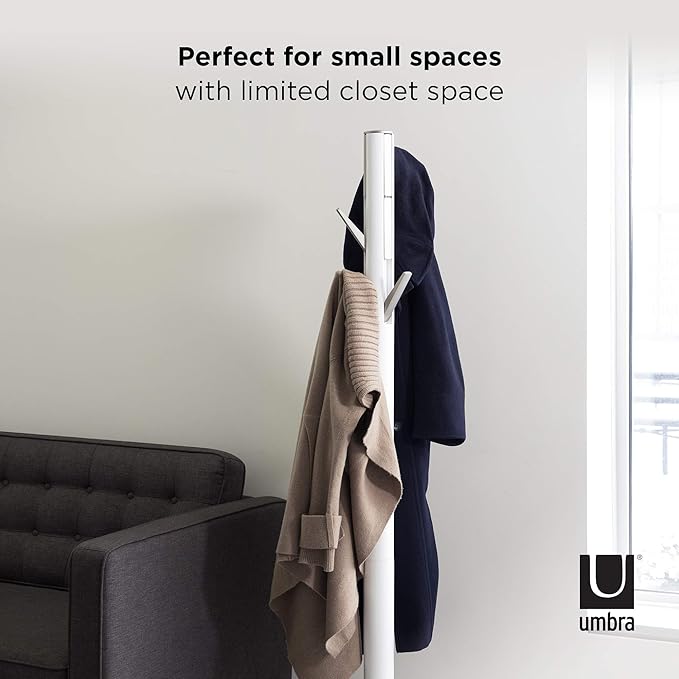 Umbra Flapper Coat Rack, Clothing Hanger, Umbrella Holder, and Hat Organizer, Great for Entryway, White/Nickel