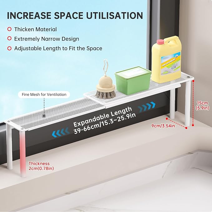 Expandable Window Shelf for Plants Kitchen Sink Organizer Stackable Narrow Shelves Kitchen Countertop Holder Mesh Design (2, White)