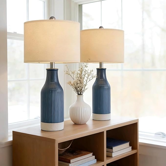 USumkky 23.75inch Blue Modern Ceramic Bedside Lamp Set of 2 with 5FT Cord for Bedroom Decor Farmhouse Table Lamp for Living Room Office Dorm