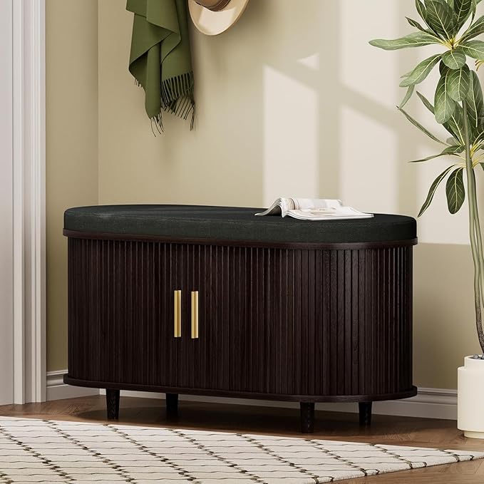 Entryway Bench with Storage: 35.4" Wooden Bedroom Shoe Bench with Thickened Padded Seat Cushion, Mid Century Modern Fluted Sliding Door and Adjustable Shelf, for Entryway, Living Room