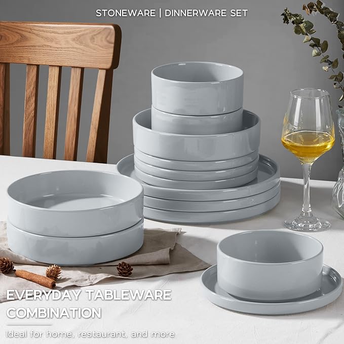 Onader Plates and Bowls Sets, 16 Pieces Stoneware Dinnerware for 4, Kitchen Dinner Dish Set with Pasta Bowl, Ceramic Dishware Dining Ware, Microwave & Dishwasher Safe - Slate Gray