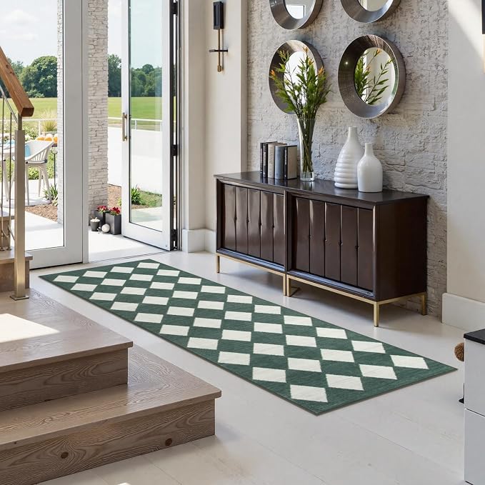 Lahome Zelie Checkered Washable 2x6 Green Runners for Hallways Non Slip, Ultra-Thin Kitchen Bathroom Runner Rugs, Moroccan Trellis Throw Carpet Runner for Bedroom Entryway Decor (2'x6',Dark Green)