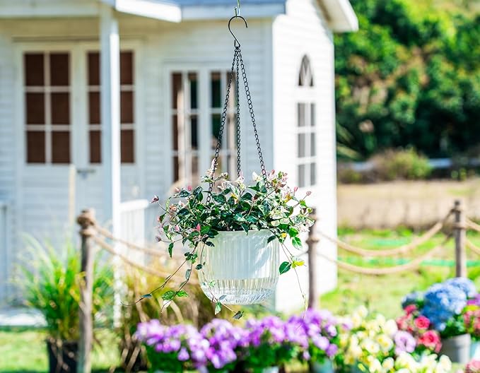 Melphoe 2 Pack Self Watering Hanging Planters Indoor Flower Pots, 6.5 Inch Outdoor Hanging Plant Pot Basket, Plant Hanger with 3Hooks Drainage Holes for Garden Home