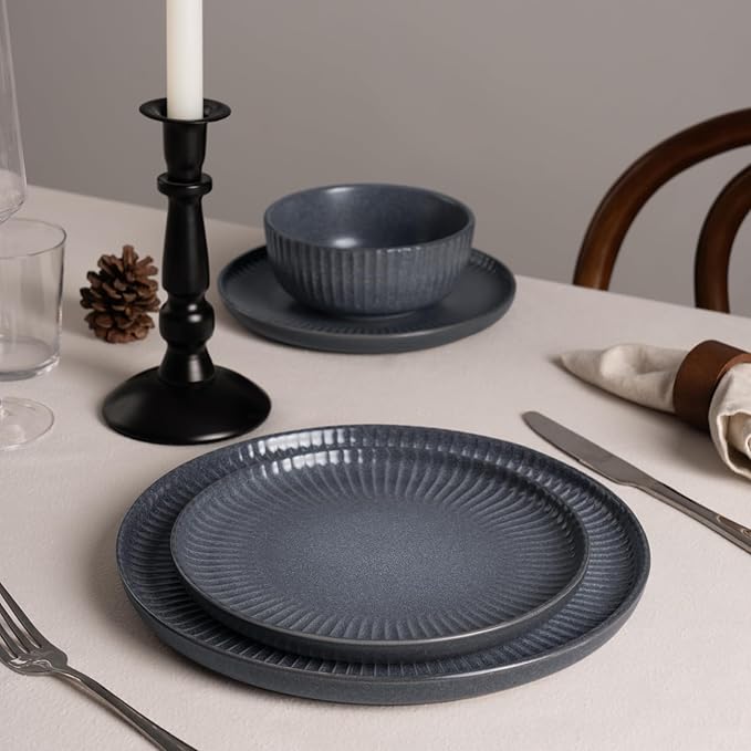Famiware Starlight 12-Piece Plates and Bowls Sets for 4, Stoneware Dinnerware with Ribbed Textured, Handcrafted Reactive Glaze Dishes - Dishwasher & Microwave Safe, Chip/Scratch Resistant, Matte Grey