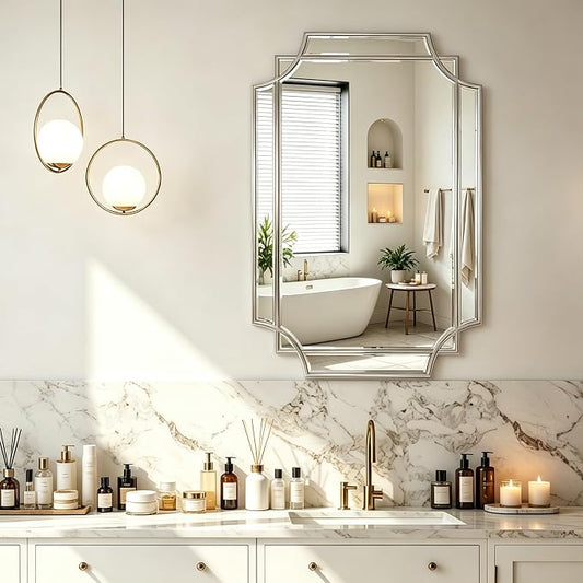 Geometric Beveled Mirror, 30" x 20" Silver Art Deco Mirror with Wood Frame, Rectangle Accent Wall Mirror for Bathroom, Entryway, Living Room, Bedroom, Horizontal or Vertical Hanging