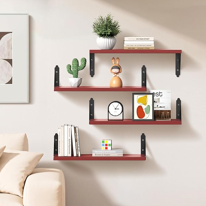 ROMGUAR CRAFT Wood Floating Shelves Set of 4, Rustic Storage Decor Wall Shelves, Wall Mounted Shelf for Living Room, Bedroom 17" x 6", Red