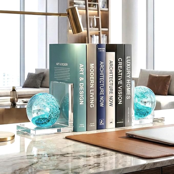 Glass Book Ends Set of 2, Handmade L-Shaped Bookends with Sea Wave Ball Design – Non Skid Heavy Duty Book Stopper for Shelves, Desk, and Home Office Decorative