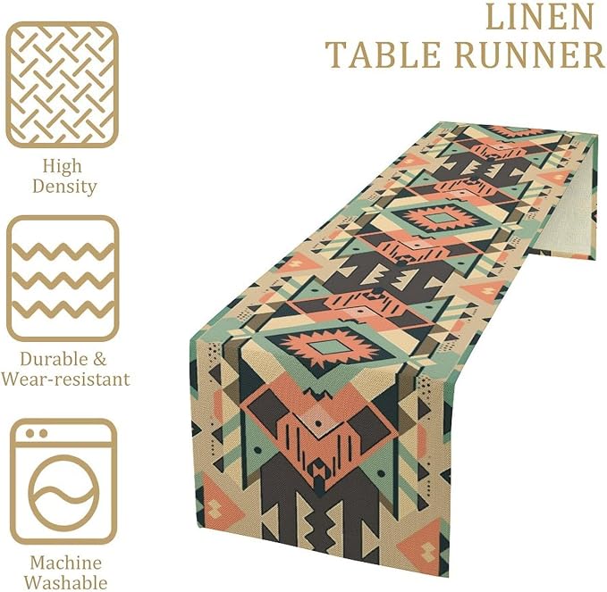 Aztec Table Runner, Southwestern Native Ethnic Navajo Abstract Geometric Tribal Vintage Beige Black Table Runners Decor for Kitchen Family Dinner Table Holiday Party 13x60 Inch
