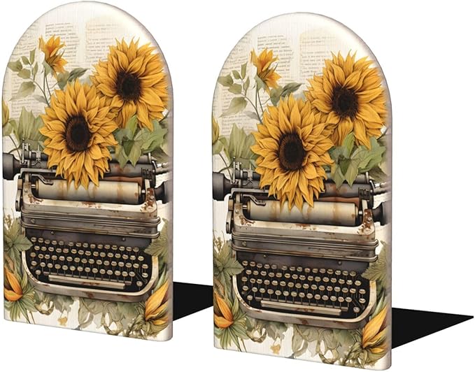 Vintage Fax Machine Sunflower Printer Wood Book Ends for Shelves, Non-Skid Bookends for Office, Library, and Home Decor, 1 Pair