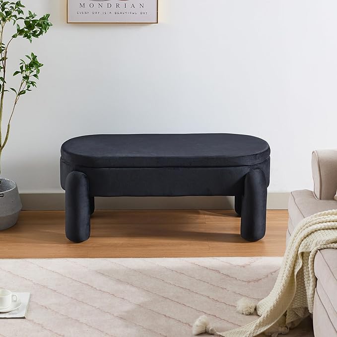 Modern Storage Bench End of Bed Stool 45 Inch Ottoman Bench, Upholstered Bedroom Benches for Entryway, Hallway, Living Room, Large Storage Foot Rest Stool, Velvet Black