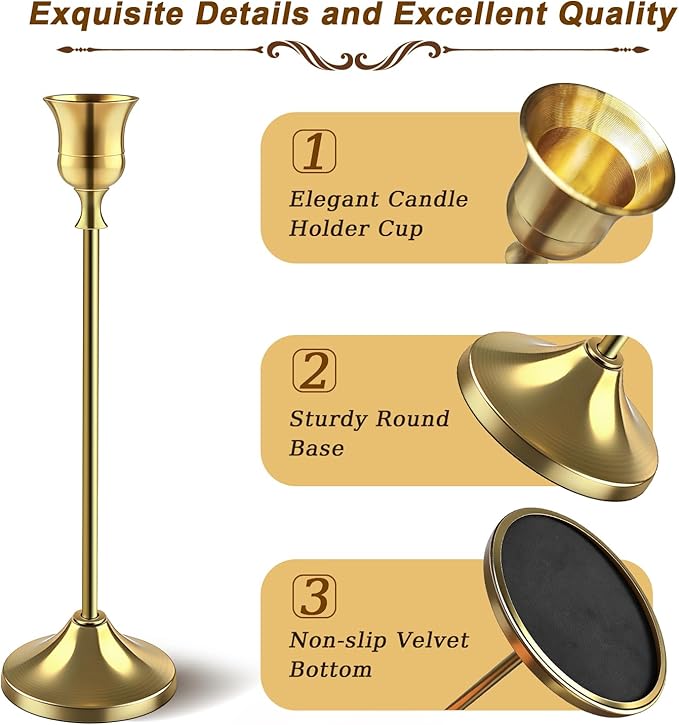 9 Packs Gold Candlestick Holders for Taper Candles - Vintage Metal Candle Sticks - Home Decor Centerpieces for Table Mantel Wedding Housewarming Festive Gift