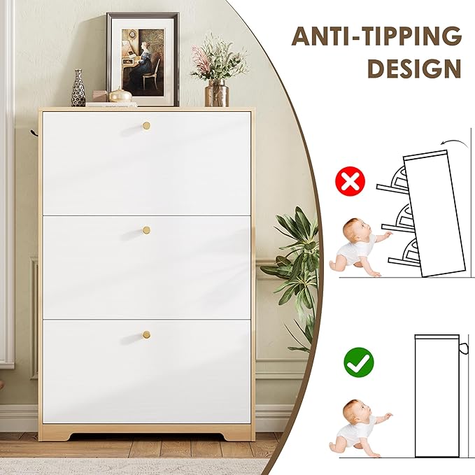 Nicetree Shoe Storage Cabinet for Entryway, Modern Shoe Cabinet, Freestanding Shoe Rack Cabinet, Hidden Shoe Dresser for Hallway, Foyer, Natural Oak and White