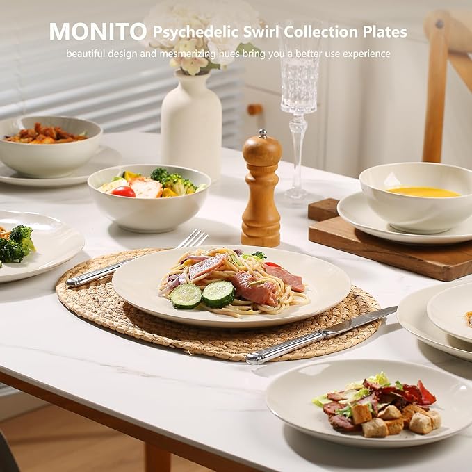 Ceramic Dinnerware 12 Pieces glazed cream white Dinner Set,Plates Pasta Bowls Cereal Bowls Reactive Change Glaze Dish Sets, Modern Stoneware Dishe (glazed cream white)