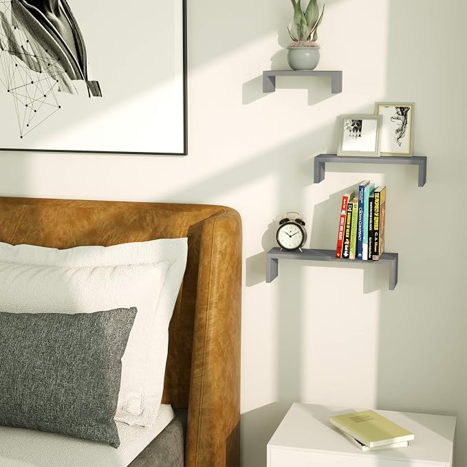 SRIWATANA Floating Shelves Wall Mounted, Solid Wood Wall Shelves, Weathered Gray…