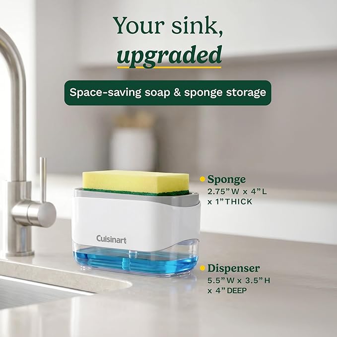 Cuisinart 2-in-1 Dish Soap Dispenser with Sponge Holder and Sponge for Kitchen Sink – Soap Pump Organizer Set with Tray, Countertop Caddy for Dishes, Dishwashing Liquid Dispenser, Sink Essentials