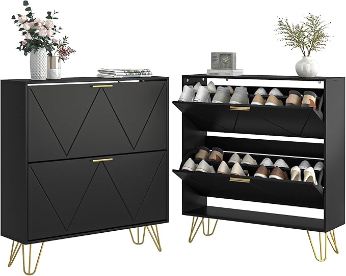 LYNSOM Shoe Cabinet with 2 Flip Drawers, Black Shoe Storage Cabinet, Slim Wooden Freestanding Shoe Rack, Shoe Organizer with Fluted Panel for Entryway Hallway