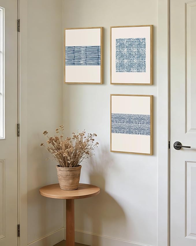 PHOPAGO Blue Abstract Framed Wall Art Modern Boho Neutral Line Wall Decor Bohemain Minimalist Geometric Artwork Home Decor - 11x14in Natural Framed