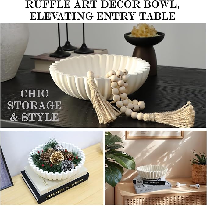 Decorative Bowl With Beads for Home Decor - Large Decorative Fruit Bowls for Candy - Scalloped Ruffle Centerpiece key Bowl - Morden Round 10" Aesthetic Coffee Entry Table Decor (White)