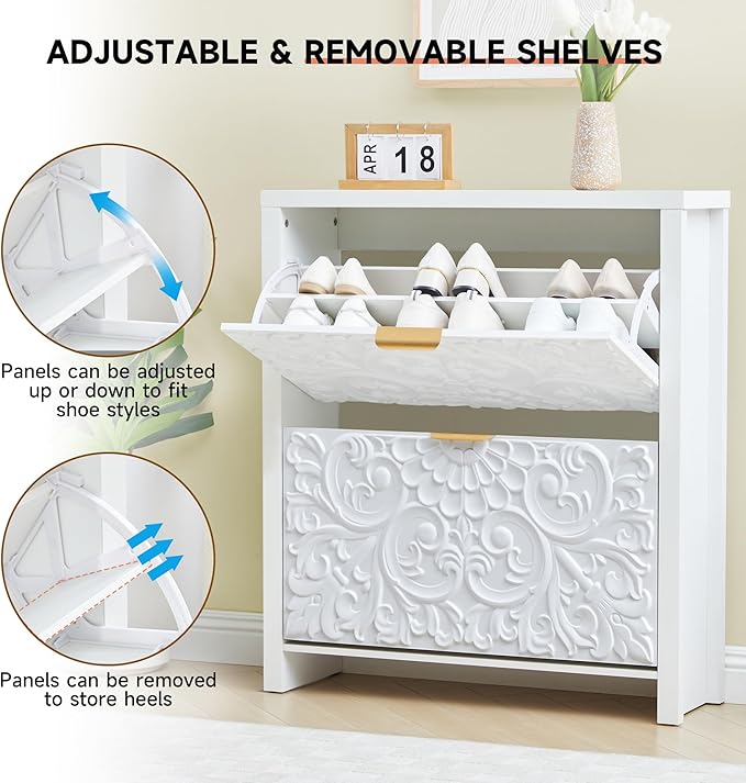 weselon Shoe Cabinet with Flip Drawers, Narrow Shoe Storage Cabinet, 2-Tier Hidden Shoe Organizer with Carved Floral for Entryway, Mid-Century Modern Slim Shoes Storage for Hallway Foyer (1, White)