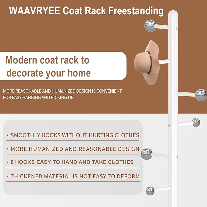 Modern Metal Coat Rack Stand, Coat Rack Freestanding with Natural Marble Base,Sturdy Heavy Duty Coat Racks with 8 Hooks, White Coat Hall Tree Stand for Entryway, Office