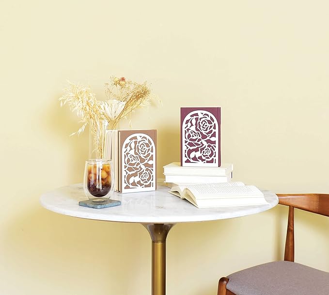 CNK Book Ends, Premium BookEnds for Bookend Shelves, Book Stopper Metal Book Ends for Home Office Heavy Books, Book Shelf Holder, Home Decorative, Book Stoppers, Book Holder (Rose White)