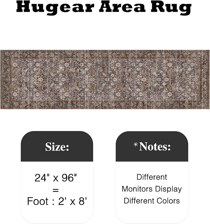 HUGEAR 2x8 Runner Rug Machine Washable Tradition Brown Hallway Area Rug Indoor Accent Rugs Floral Low Pile Carpet Soft Throw Rugs Bedroom Living Room Office Dining Kitchen Laundry Non Slip