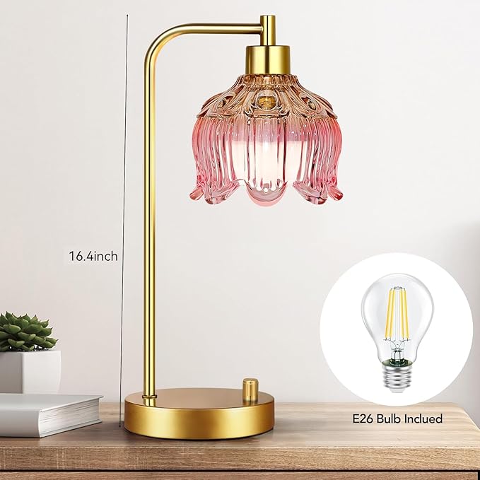 ILLMTW Pink Table Lamp Set of 2,Small Gold Bedside Lamps Dimmable Boho Bedroom Lamp with Tulip Flower Glass Lamp Shade,Vintage Mid Century Modern Mini Nightstand Lamp for Bedroom Living Room