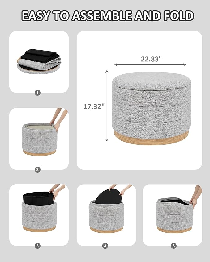 PINPLUS Chenille Folding Ottoman Footstool, Round Storage Ottoman, Soft Fabric, 330 lbs Load Capacity, Large Ottoman for Living Room, Bedroom, Dorm, Silver Grey Colors