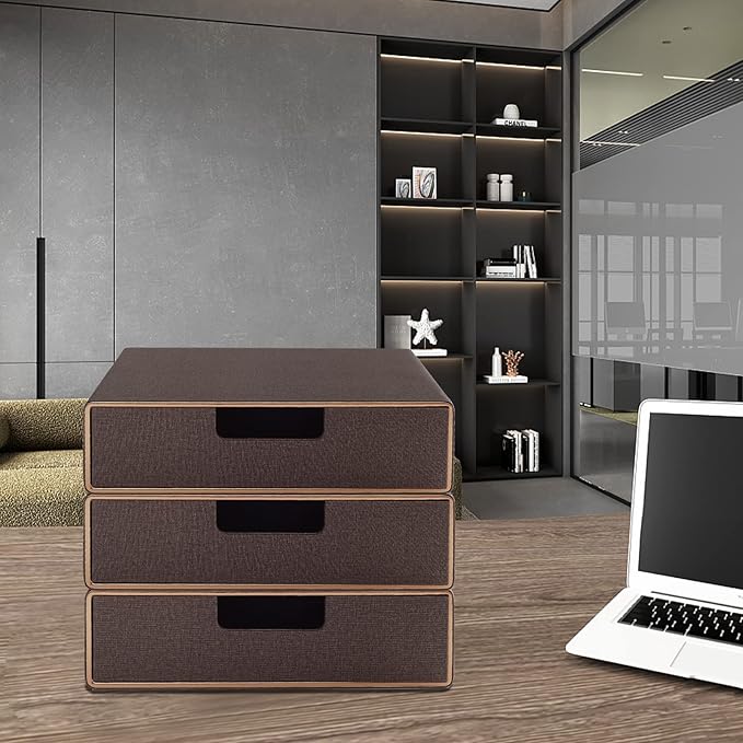 PU Leather Stackable Organizer Drawer, Executive Office Supplies Desktop Filing A4 File Cabinet/Holder for Jewelry/Bill/Paper/Documents/Makeup Home Decor Stationery Storage Box, Coffee