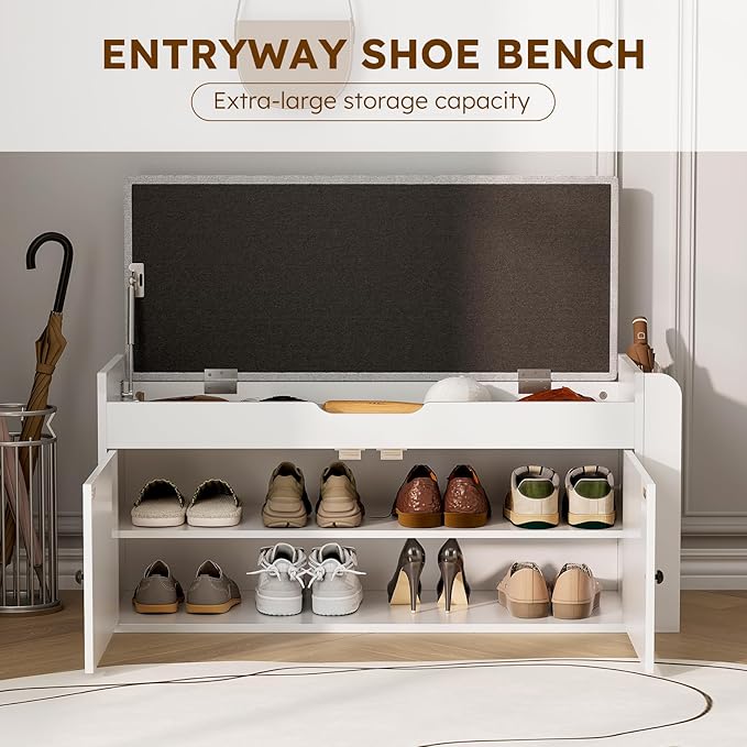 39.4" Storage Bench - Entryway Shoe Bench with Side Storage Shelves and 2 Doors, Multifunctional Entryway Bench with Lift Top Cushion, Shoe Storage Bench for Bedroom, Living Room, White