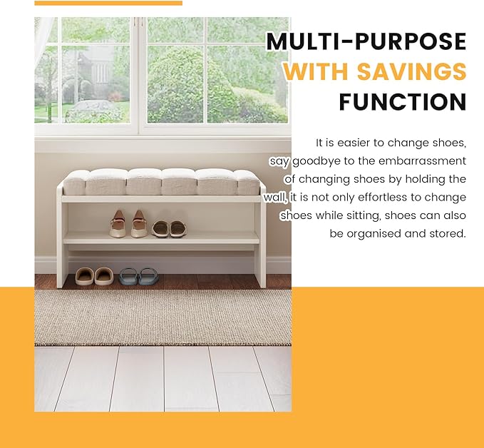 2-Piece Modern Shoe Bench with Storage, Shoe Rack with Cushion Upholstered Fabric Shoes Changing Stool with 2 Tier Storage Space for End of Bed Entryway Bedroom Living Room, Cream White