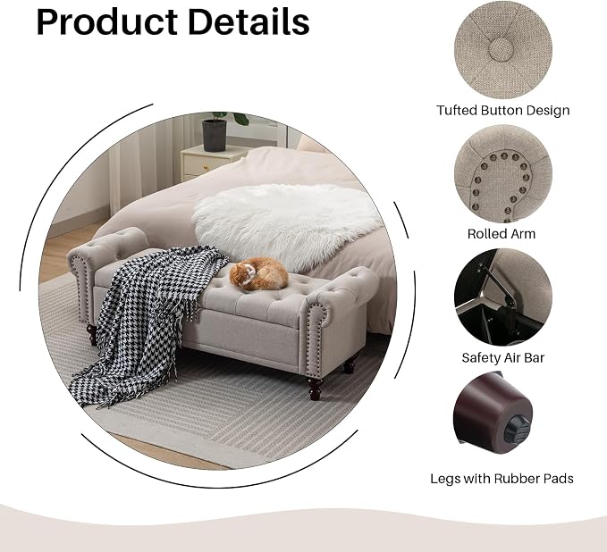 SOFTHION 58.1" Storage Bench Upholstered Linen End of Bedroom Bed Bench Ottoman with Tufted Cushioned Rolled Arm Large Storage Space for Reading Living Room Entryway, Light Brown