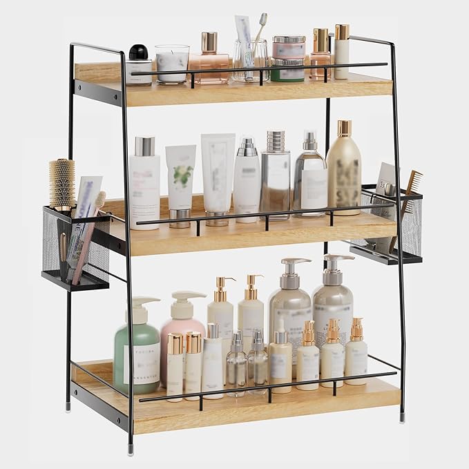 3 Tier Bathroom Counter Organizer with Side Baskets, Wood Countertop Vanity Shelf,Sturdy Metal Frame fits Tall Bottles