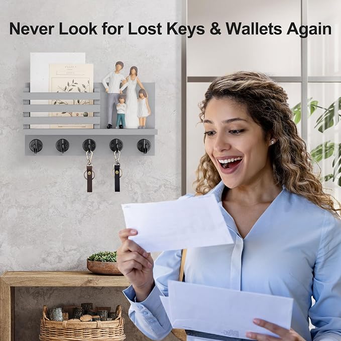Lwenki Key Holder for Wall – Decorative Wooden Mail Holder and Key Shelf with Mounting Hardware, Installation Guide – Paulownia Wood with Metal Key Hooks (Gray, Large - 11.8inch)
